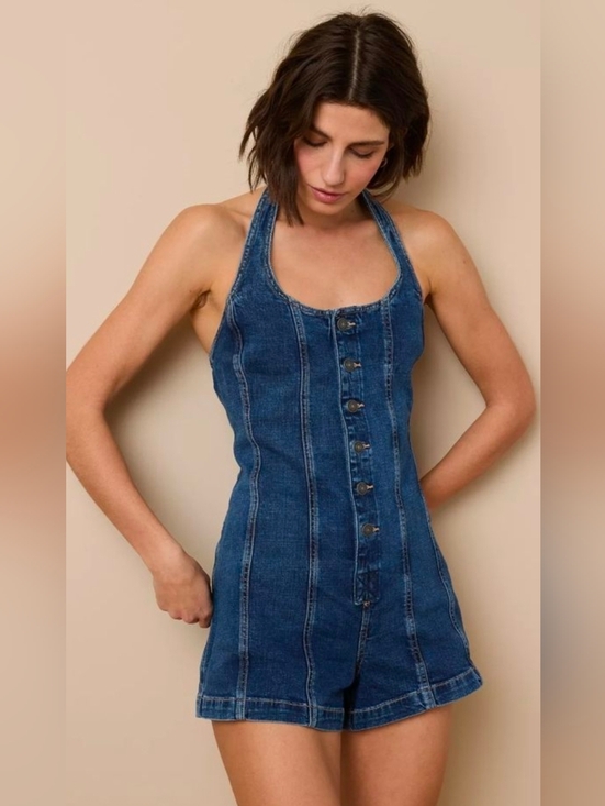 American Eagle Outfitters Pants - American Eagle Denim Button-Front Halter Romper in Dark Blue 70s Boho Western